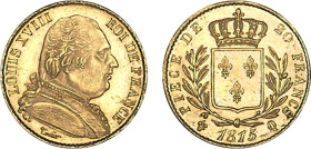 20 FRANCS OR
20 FRANCS or, Louis XVIII buste habillé
1815 Q - SUP 58 (SUP)
Grappe verti. - Rare !, inf. cp tr.


G 1026, F 517, KM# 706, Fr# 525...