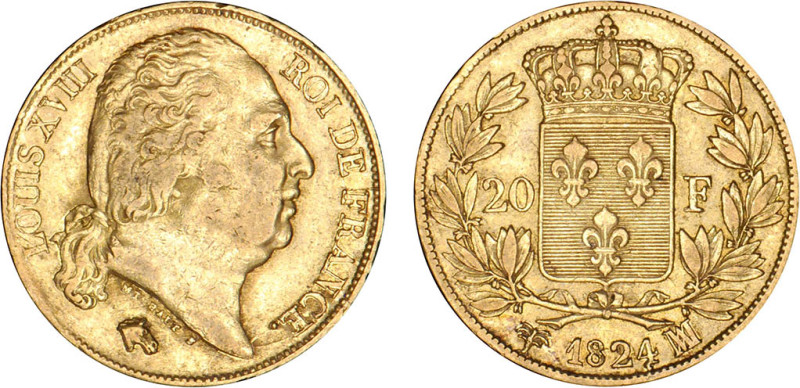20 FRANCS OR
20 FRANCS or, Louis XVIII buste nu
1824 MA - SUP 50 (SUP-)
Raris...