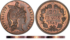20 FRANCS OR
20 FRANCS or, concours de F. Alard, var de revers à couronne différente (ESSAI)
1848 - SPL 63 (SUP++)
PIEFORT Tran. relief - Très Rare...