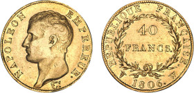 40 FRANCS OR
40 FRANCS or, Napoléon empereur tête nue (calendrier grégorien)
1806 W - TTB 45 (TTB++)
Rare !

G 1082, F 538, KM# 675, Fr# 481-6
L...