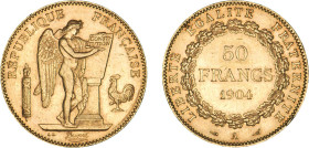 50 FRANCS OR
50 FRANCS or, "Génie"
1904 A - SUP 58 (SUP)
Rare ! - infimes coups listel


G 1113, F 549, KM# 831, Fr# 591
PARIS - OR - 16,12g
 ...