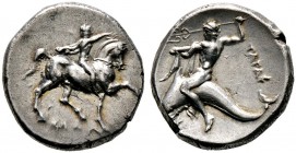 Kalabria. Tarent. Didrachme nach 320 v. Chr. Reiter nach rechts, sein Pferd bekränzend / Taras mit Dreizack auf Delphin nach links. 6,47 g
 feine Tön...