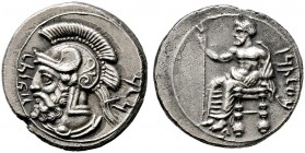 Kilikia. Tarsos. Pharnabazos 379-374 v. Chr. Stater. Bärtiger Kriegerkopf im Helm mit Helmzier nach links, um den Hals von Knopffibel gehaltene Chlamy...