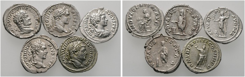 Kaiserzeit. Caracalla 198-217. Lot (5 Stücke): Denare -Rom-. Belorbeerte Büste n...
