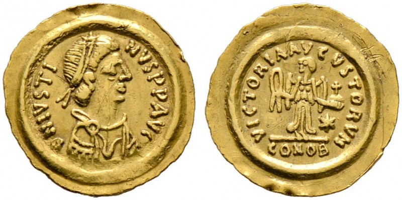 Justinianus I. 527-565. Tremissis -Constantinopolis-. Drapierte Büste mit Perldi...