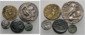 5 Stücke: ATTIKA-Athen, Tetradrachme neuen Stils 2. Jh. v.Chr.; EUBOEA-Histaia, Tetrobol sowie 3 Bronzemünzen, dabei PONTOS, Amisos und MAKEDONIA.
 s...