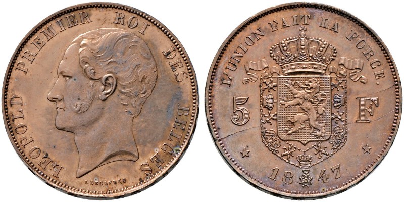 Belgien, Königreich. Leopold I. 1830-1865. 5 Francs-Probe in Kupfer 1847. Stempe...