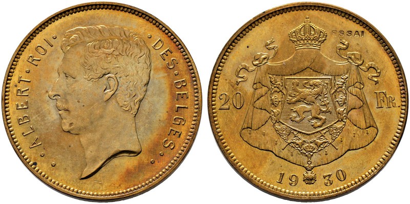 Belgien, Königreich. Albert 1909-1934. 20 Francs-Probe in Bronze 1930. Glatter R...