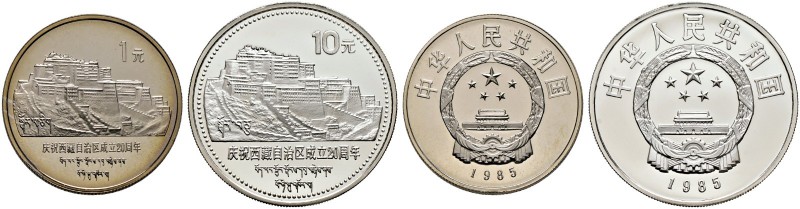 China-Republik. Volksrepublik. 2-tlg. Set von 10 Yuan (Silber) und 1 Yuan (Cu/Ni...