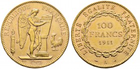 Frankreich-Königreich. Dritte Republik. 100 Francs 1911 -Paris-. Typ Genius. Gad. 1137a, Fr. 590, Schl. 422. 32,38 g
 winzige Kratzer, minimaler Rand...
