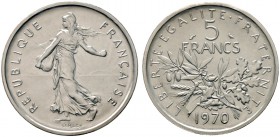 Frankreich-Königreich. Fünfte Republik seit 1958. 5 Francs - Dickabschlag (PIEDFORT) in PLATIN 1970. Nach dem Modell von L.O. Roty. Säerin. Mit glatte...
