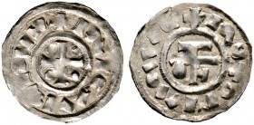 Frankreich-Normandie. Richard I. 943-996. Denier -Rouen-. +RICARDVS. Kreuz mit je einem Punkt in den Winkeln / ROTOMACVS. Monogramm. Duplessy 18. 1,06...