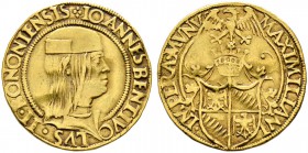 Italien-Antignate. Giovanni Bentivoglio II. 1494-1509. Doppio Ducato o.J. Brustbild des Fürsten mit Kopf­bedeckung nach rechts / Adler über gekröntem ...