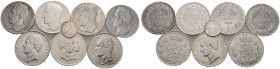 8 Stücke: BELGIEN. 5 Francs 1833, 1847, 1848, 1849 (zwei Varianten), 1865 und 1853 auf die Hochzeit des Thronfolgers sowie 50 Centimes 1886 (mit KONIN...