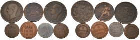7 Stücke: GRIECHENLAND. 1/4 Drachma 1834 A sowie Kupfermünzen zu 5 Lepta 1869 BB (2x), 2 Lepta 1832, Lepton 1833 und 1837. Dazu 2 Lepta 1820 für die I...