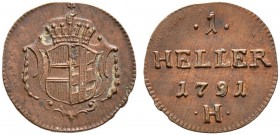 Haus Habsburg. Leopold II. 1790-1792. Cu-Heller 1791 -Günzburg.- Für Vorderösterreich. Her. 100, J. 32, Reißen. 81.
 vorzüglich