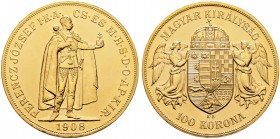 Haus Österreich. Franz Josef I., Kaiser von Österreich 1848-1916. 100 Kronen 1908 -Kremnitz-. 100 Jahre Ungarn. Offizielle NEUPRÄGUNG (restrike). Her....