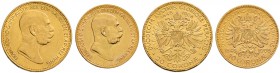 Haus Österreich. Franz Josef I., Kaiser von Österreich 1848-1916. Lot (2 Stücke): 20 und 10 Kronen 1908. 60-jähriges Regierungsjubiläum. Her. 342, 386...