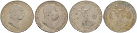 Haus Österreich. Franz Josef I., Kaiser von Österreich 1848-1916. Lot (2 Stücke): 5 Kronen 1908. 60-jähriges Regierungsjubiläum. Her. 771, J. 397.
 m...