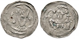 Salzburg, Erzbistum. Adalbert III. von Böhmen 1168-1177, 1183-1200. Pfennig -Laufen-. Hand, im Feld vier achtstrahlige Sterne / Dreitürmiges Kirchenge...