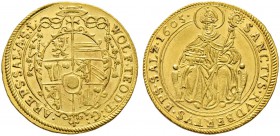 Salzburg, Erzbistum. Wolf Dietrich von Raitenau 1587-1612. Doppeldukat 1604. Mehrfeldiges Wappen unter Mitra / Hl. Rudbertus mit Krummstab und Salzgef...