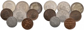 Lots. 8 Stücke: Kleinmünzen in guten Erhaltungen. 20 Kreuzer 1841 A und B, 1847 C sowie 1848 KB; 5 Kreuzer 1815 A; Cu-Liard 1790 Brüssel; Cu-Kreuzer 1...