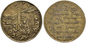 Augsburg, Stadt. Altvergoldete Silbermedaille 1632 (wohl) von Hans Lenker, im Stil von Lorenz Schilling. Die Anbetung der Hirten: die heilige Familie ...