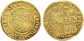 Bayern. Albrecht IV. der Weise 1465-1508. Goldgulden 1506 -München-. Ähnlich wie vorher, jedoch der Wappenschild nun in einer feinen Lünettenverzierun...