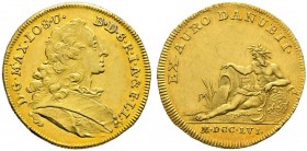 Bayern. Maximilian III. Joseph 1745-1777. Donaugolddukat 1756 -München-. Brustbild im Harnisch mit breitem Ordensband nach rechts / Nach links lagernd...