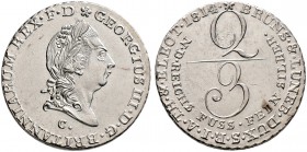 Braunschweig-Calenberg-Hannover. Georg III. 1760-1820. 2/3 Taler 1814 -Clausthal-. Feinsilber. Variante mit Signatur M am Halsabschnitt. J. 1b, AKS 7,...