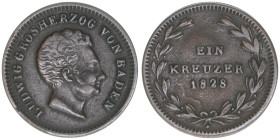 Ludwig 1818-1830
Baden. 1 Kreuzer, 1828. 3,60g
AKS 66
zaponiert
ss+