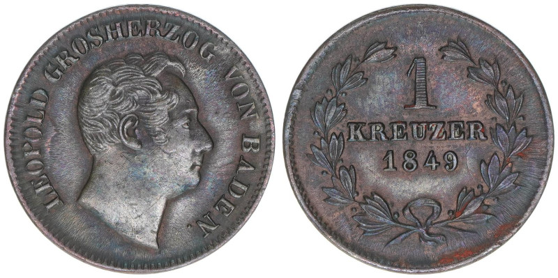 Großherzog Carl Leopold Friedrich 1830-1852
Baden. 1 Kreuzer, 1849. 3,83g
AKS 10...