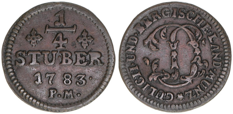 Karl Theodor 1742-1799
Jülich-Berg. 1/4 Stüber, 1783. 3,49g
Schön 94
ss/vz