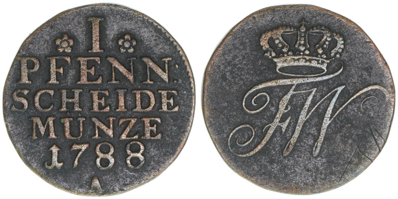 Friedrich Wilhelm II. 1786-1797
Preussen. 1 Pfennig, 1788 A. 3,19g
Olding 15
ss+