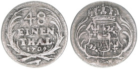 Friedrich August I. 1694-1733
Sachsen - Albertinische Linie. 1/48 Taler, 1709. 1,03g
Schön 26
ss-