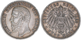 Friedrich Grossherzog von Baden
Baden. 5 Mark, 1899 G. 27,66g
J 29
kl. Rf.
ss
