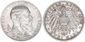 Friedrich I. 1856-1907
Baden. 2 Mark, 1902. zum 50-jährigen Regierungsjubiläum
11,11g
J.30
vz/stfr