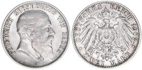 Friedrich I. 1856-1907
Baden. 2 Mark, 1902 G. 11,03g
J.32
ss-