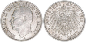 Friedrich II. 1907-1918
Baden. 3 Mark, 1912 G. 16,67g
J.39
vz-