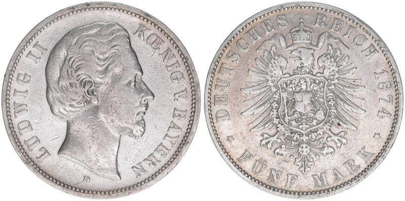 Ludwig II. 1864-1886
Bayern. 5 Mark, 1874 D. 27,40g
J.42
ss