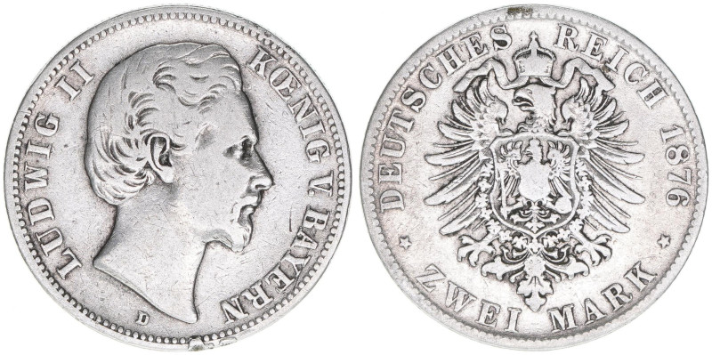 Ludwig II. 1864-1886
Bayern. 2 Mark, 1876 D. 10,85g
J.41
kl.Rf.
s/ss