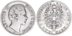 Ludwig II. 1864-1886
Bayern. 2 Mark, 1876 D. 10,85g
J.41
kl.Rf.
s/ss