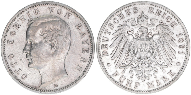 Otto 1886-1913
Bayern. 5 Mark, 1891 D. 27,57g
J.46
ss