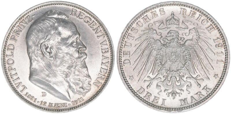 Prinzregent Luitpold
Bayern. 3 Mark, 1911 D. zum 90. Geburtstag
16,67g
J.49
vz/s...