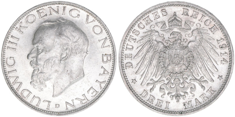 Ludwig III. 1913-1918
Bayern. 3 Mark, 1914 D. 16,67g
J. 52
vz/stfr