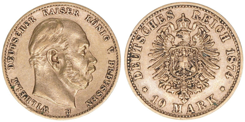 Wilhelm I. 1861-1888
Preussen. 10 Mark, 1874 B. Gold
3,94g
AKS 112
ss