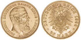 Friedrich III. 1888
Preussen. 20 Mark, 1888 A. 7,96g
AKS 119
vz/stfr