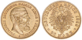 Friedrich III. 1888
Preussen. 20 Mark, 1888 A. 7,95g
AKS 119
vz/stfr