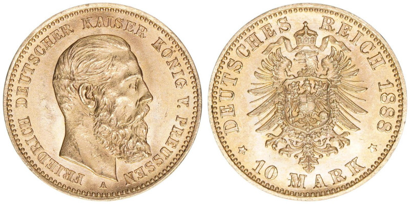 Friedrich III. 1888
Preussen. 10 Mark, 1888 A. 4,00g
AKS 120
stfr