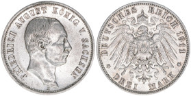 Friedrich August III. 1904-1918
Sachsen. 3 Mark, 1911 E. 16,60g
J.135
vz-